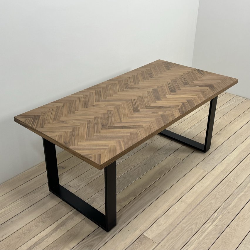 Walnut Herringbone Dining Table with Matt Black Legs